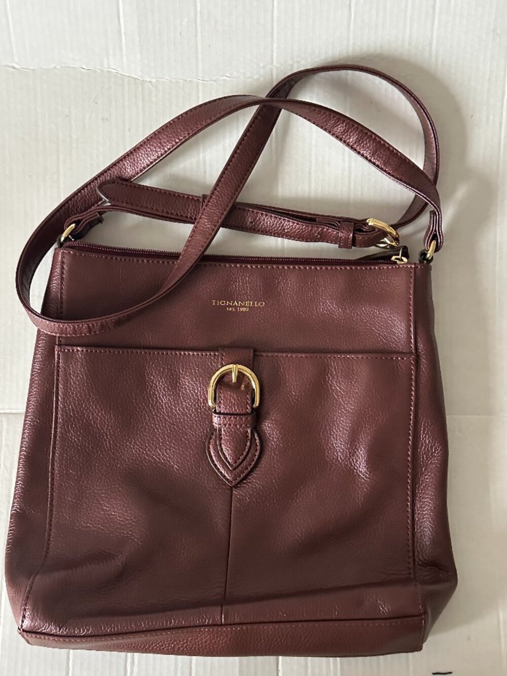 Tignanello Burgundy Leather Crossbody Shoulder Bag Purse Gold Tone Buckle